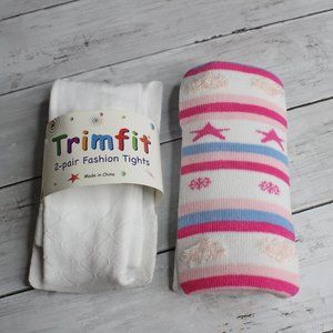 Trimfit Girl's Knit Tights Youth Size S 4-6 White Pink Blue Stars Hearts